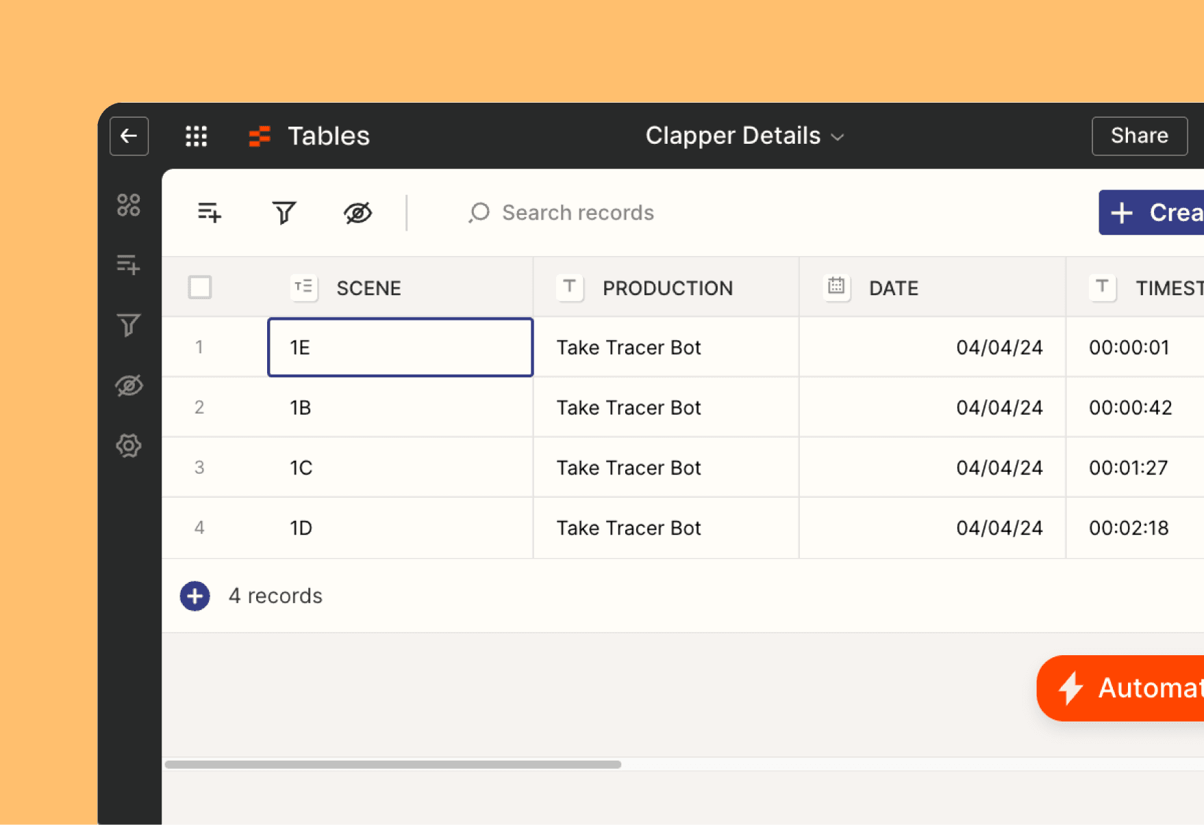 Clapperboard Capture Table Preview