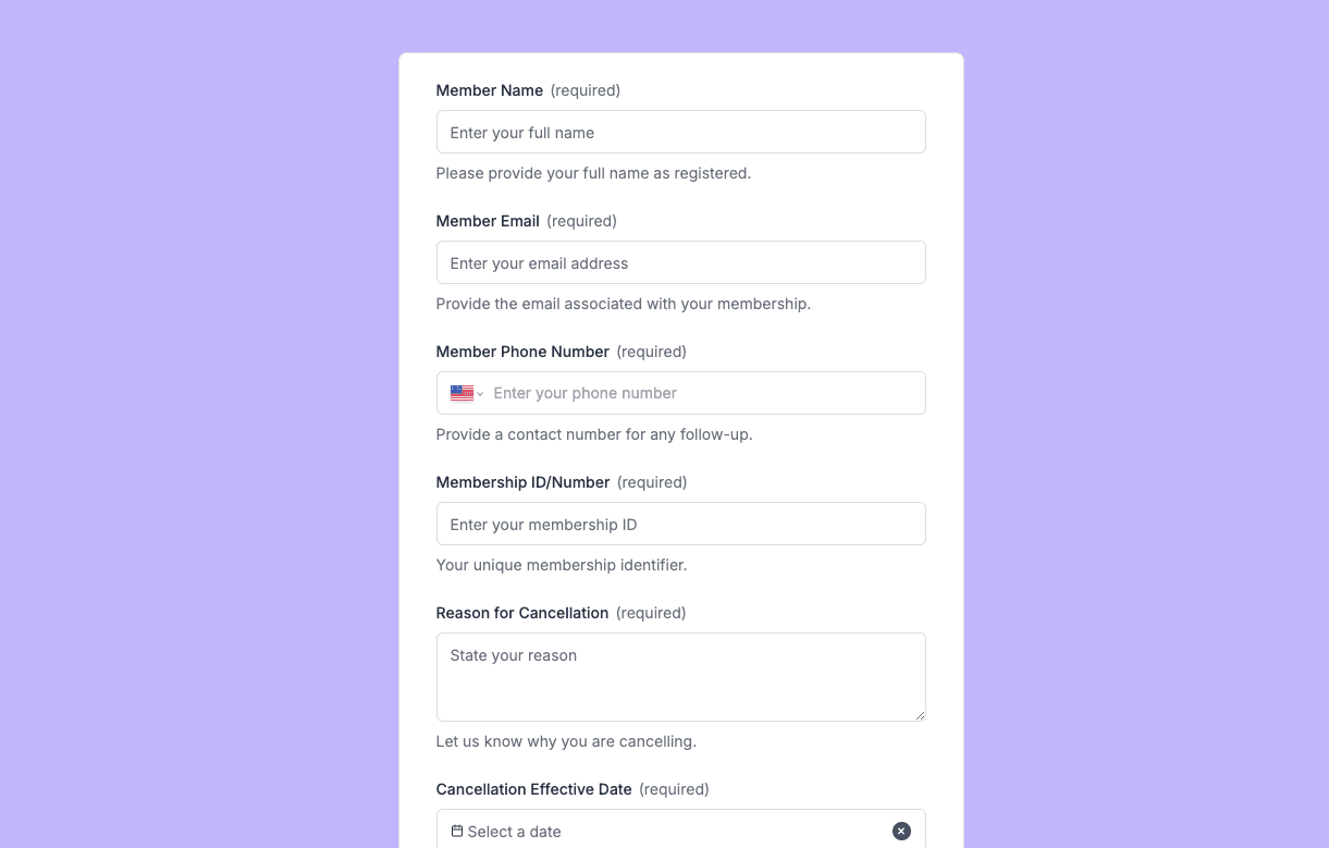 Membership Cancellation Form Preview