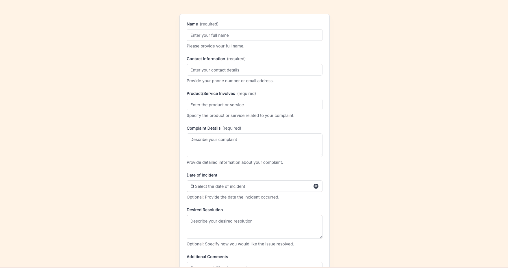 Complaint Form Preview