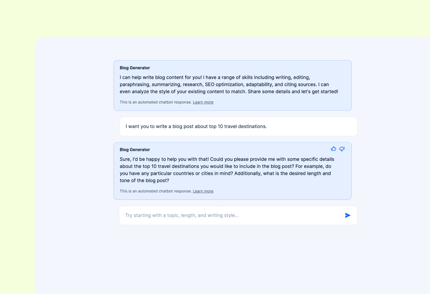 Modèle de chatbot basé sur l'IA générateur de blog